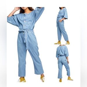 NWOT Free People Marley belted tie waist lightweight puddle leg Denim Jumpsuit